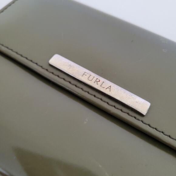 Furla Italian Trifold Wallet Medium Patent Leather Olive Green Compact Logo - Picture 14 of 14